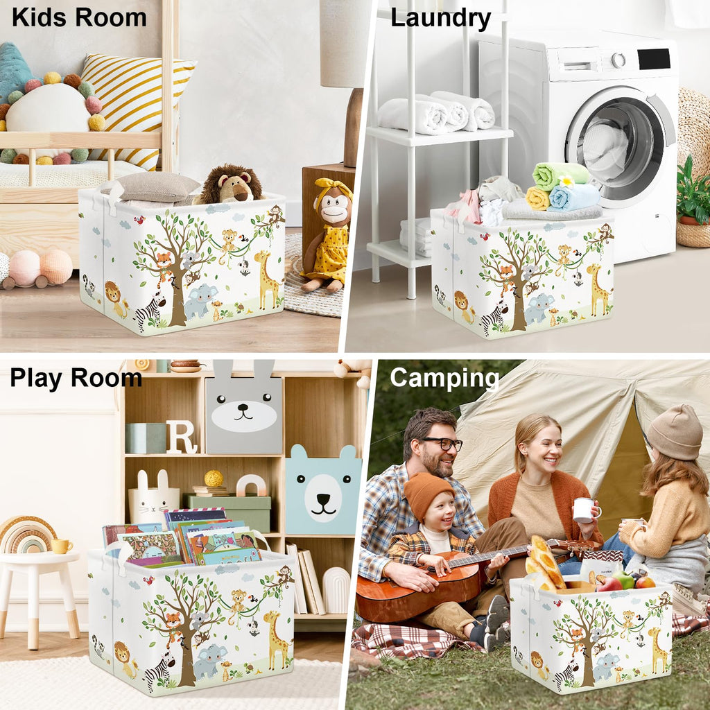 Clastyle 36L Woodland Vine Animal Tree Nursery Decor Baby Basket Collapsible Rectangle Giraffe Monkey Tiger Clothes Toy Book Shelf Basket