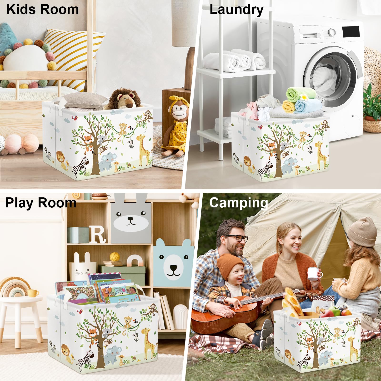 Clastyle 36L Woodland Vine Animal Tree Nursery Decor Baby Basket Collapsible Rectangle Giraffe Monkey Tiger Clothes Toy Book Shelf Basket
