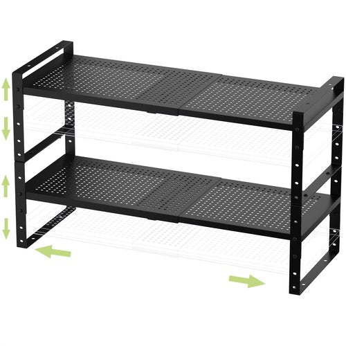 Jojocross Expandable Stackable Aadjustable Shoe Rack Pantry Shelf for Kitchen Cabinets Counter Shelves Countertop Cupboard Storage Solution,Sturdy Heavy-Duty Metal Construction(2Packs/Black/Medium)