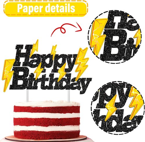 Glitter Black Lightning Bolt Cake Toppers - Happy Birthday Party Decorations for Kids | Weather Theme