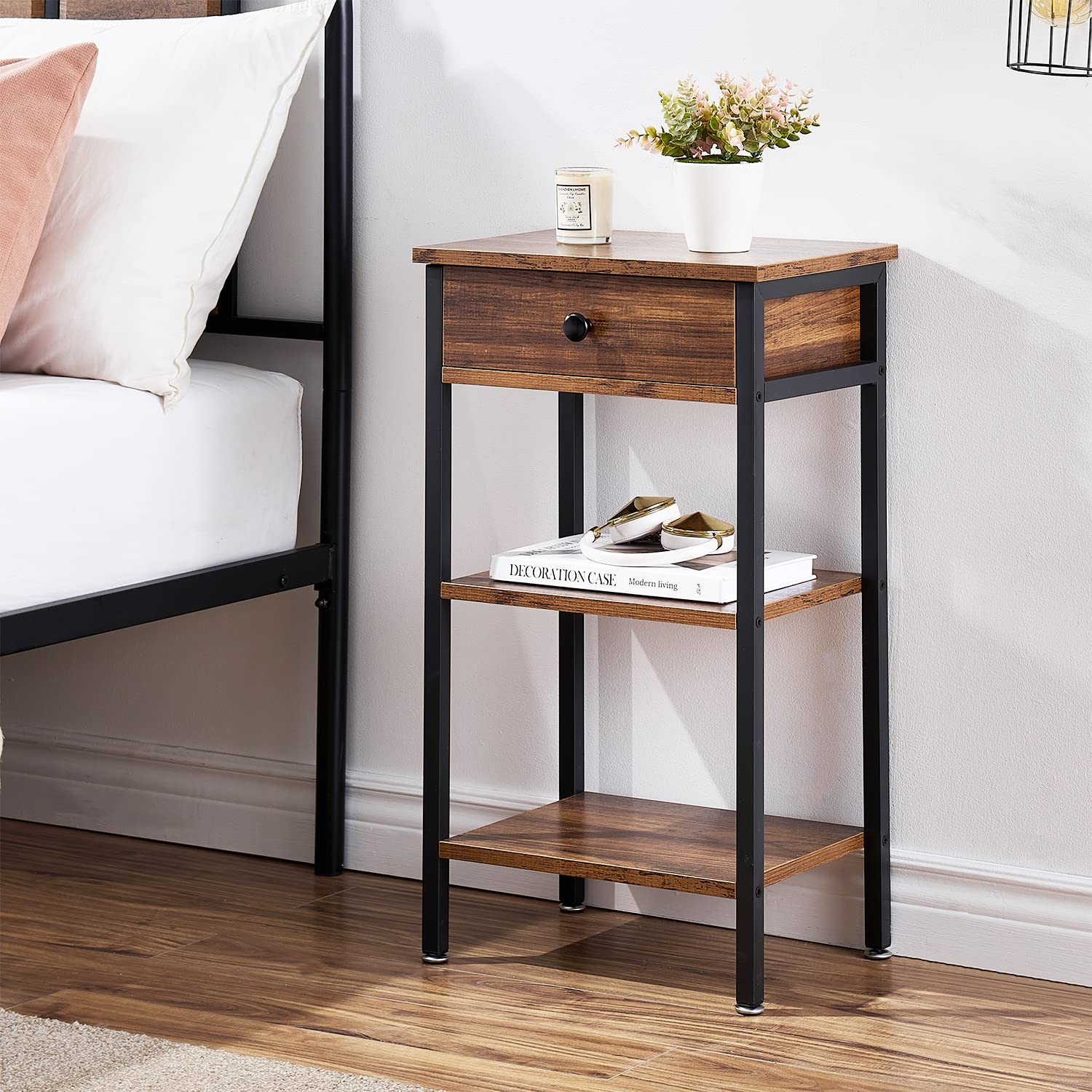 VECELO 28 Inch End Table,Industrial Retro Side Table Nightstand Storage Shelf Tall End Table Easy Assembly Nightstand for Living Room Bedroom Kitchen Family and Office Set of 2,Brown
