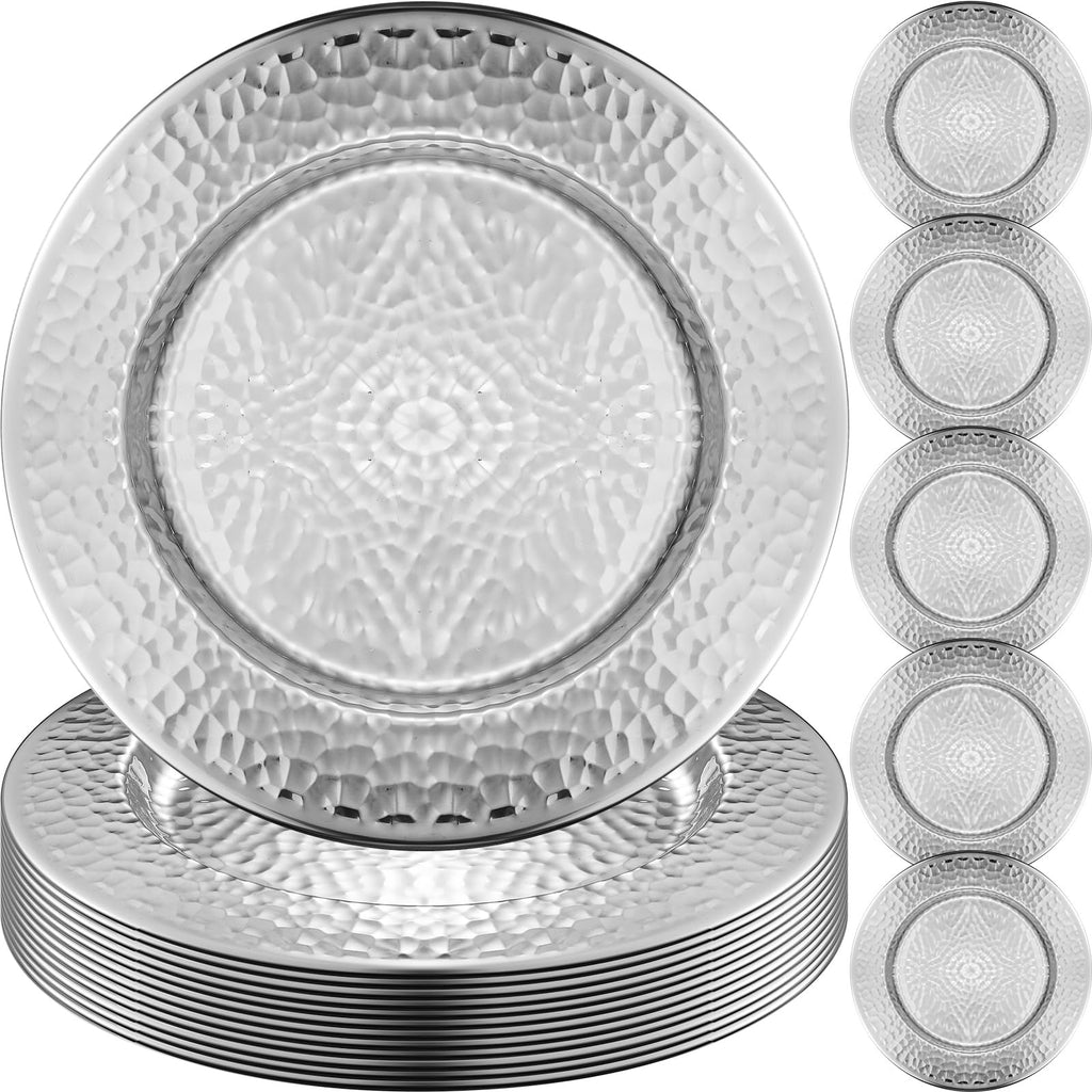 FillTouch 12 Packs Chargers Plates Bulk 13 Inch Stainless Steel Hammered Rim Round Elegant Dinner Plates Luxury Decorative Chargers for Wedding Party Catering Upscale Events (Silver)