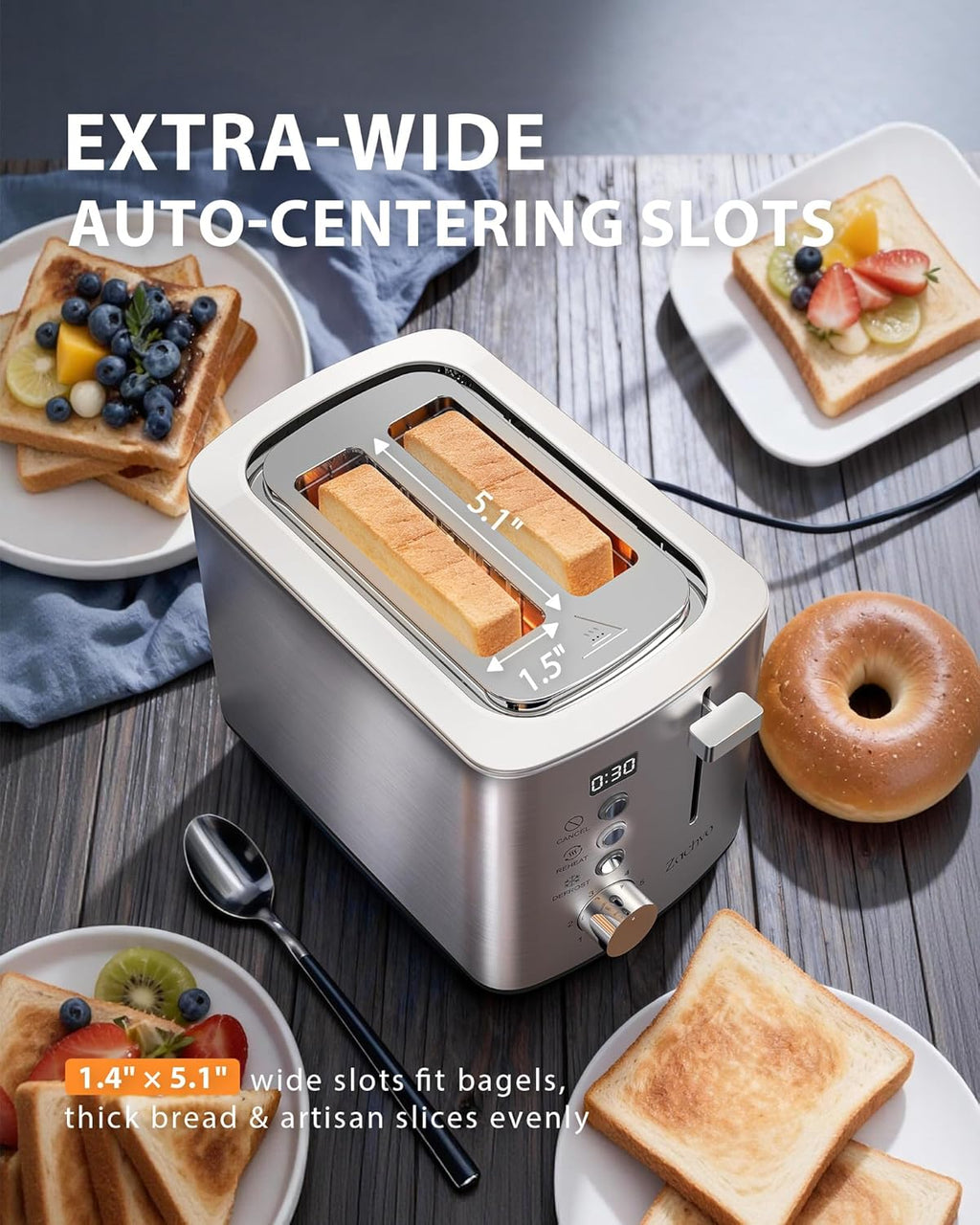 Skiennix 2-Slice Toaster - Wide Slots for Bread & Bagels | Stainless Steel, Digital Countdown, 6 Shade Settings