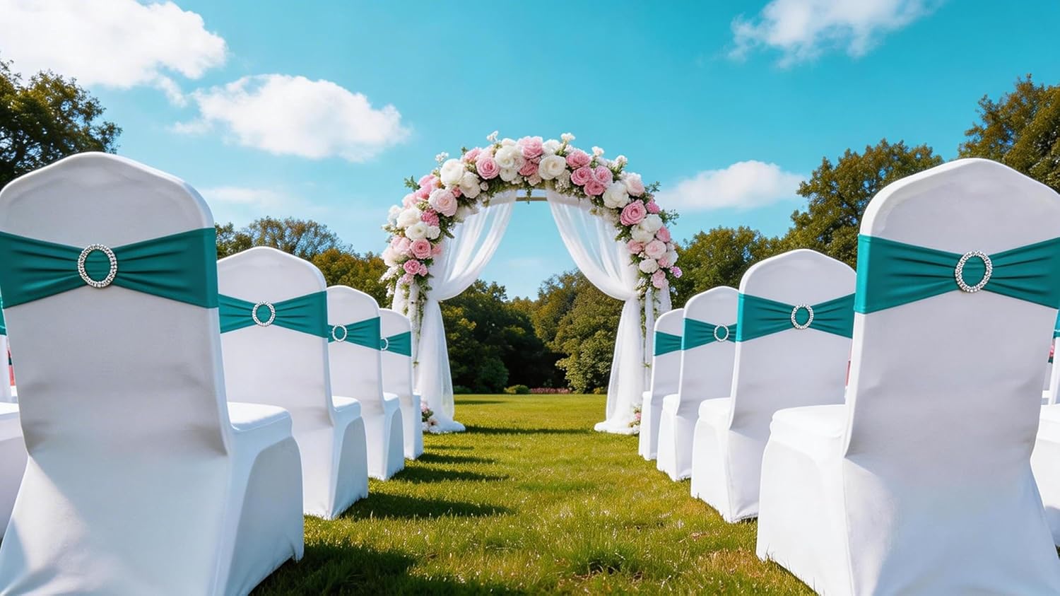 Skiennix 50 Pack Dark Turquoise Chair Sashes - Stylish Bows for Weddings & Events | Teal Chair Bands with Buckles