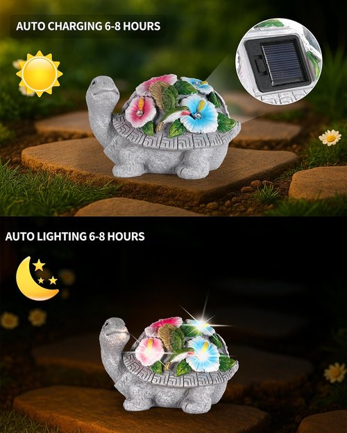 GoGnome Solar Turtle Figurine Lights - 5.5-Inch Garden Statue with Hummingbird Flower | Perfect Outdoor Yard Decoration & Gift