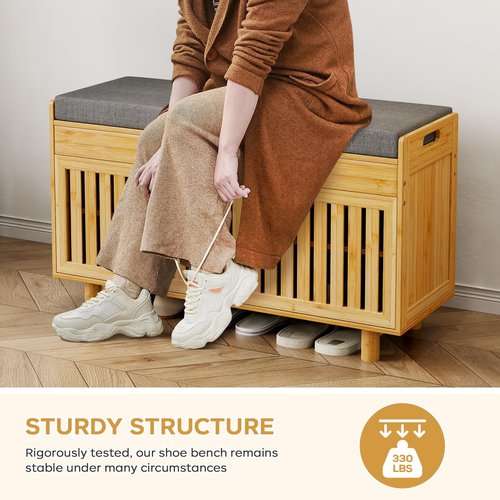 Shoe Storage Bench, Bamboo Entryway Bench with 2 Doors & Padded Seat Cushion, 35.4" W x 12.6" D x 19.7" H, 2-Tier Shoe Rack with Lift Top Hidden Storage, for Entryway, Living Room, Bedroom, Natural