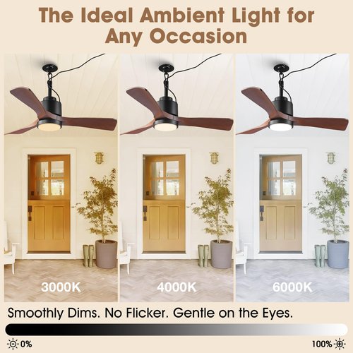 Vaczon 42" Outdoor Ceiling Fan with Light & Remote - IP65 Waterproof Plug in Hanging Fan, 6-Speed Reversible DC Motor, 1850LM Dimmable LED for Patio, Porch, Gazebo, Pergola (Matte Black)