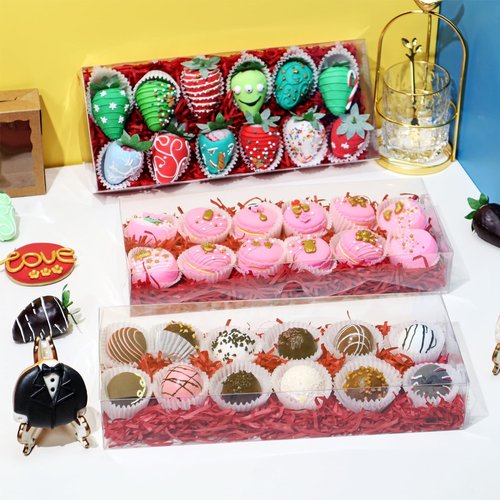 SLShePack 24PCS 12x5x2 Inches Clear Treat Boxes for Chocolate Covered Strawberries, Cocoa Bombs, Donuts, Muffins, Pastries, Bakery, Cookie, Macaron, Gift Boxes for Party Favors