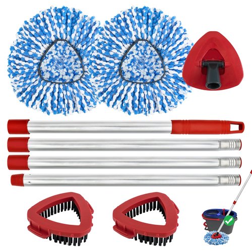 Spin Mop Handle, Mop Replacement Heads,Brush,Base Compatible with OCedar RinseClean 2 Tank,Inclued 2 Microfiber Mop Heads,1 Mop Base,2 Brush and 4-Section Mop Handle for Ocedar,Use for Floor Cleaning