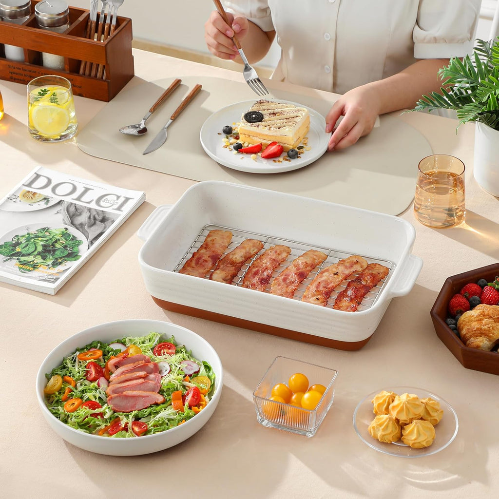MALACASA 4.8 Qt Ceramic Baking Dish - Deep Roasting Pan with Stainless Steel Rack & Handles | 9x13 Inch, Khaki & White