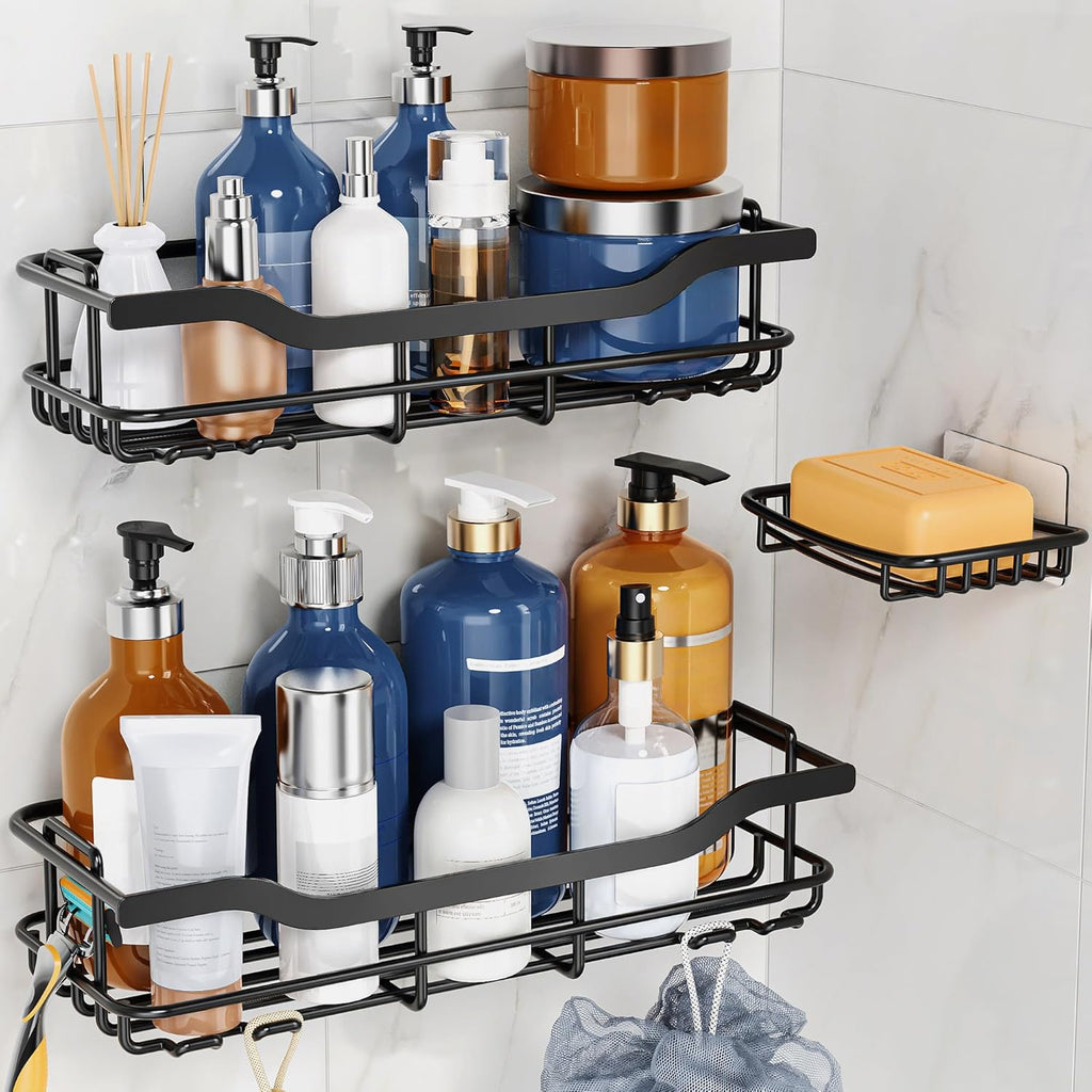 OMAIRA Shower Caddy - 3-Pack Rustproof Organizer with Soap Holder for Smooth Walls | Black, X-Large