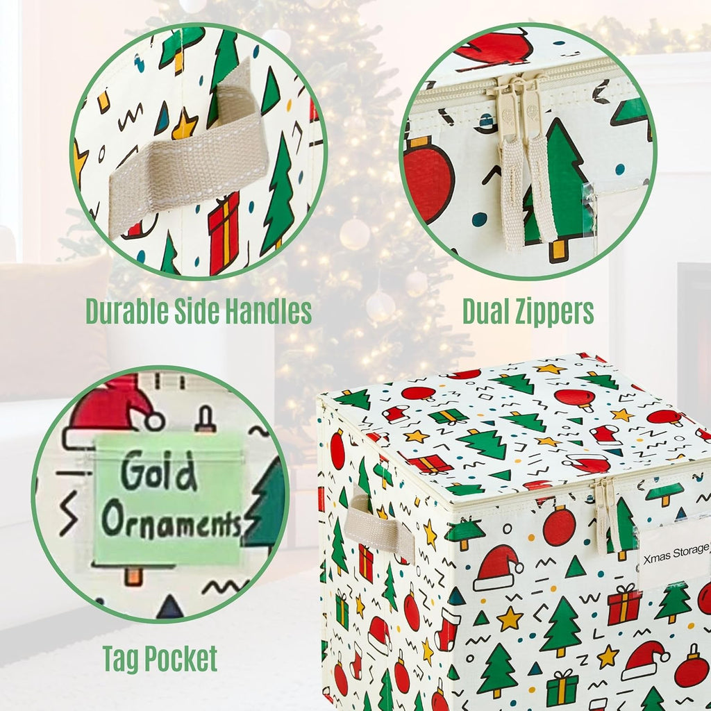 VENO Christmas Ornament Storage Box - 4 Pack for 64 Ornaments | Adjustable Dividers & Zippered Top, 3-Inch Cube Compartments (Jingle Mix)