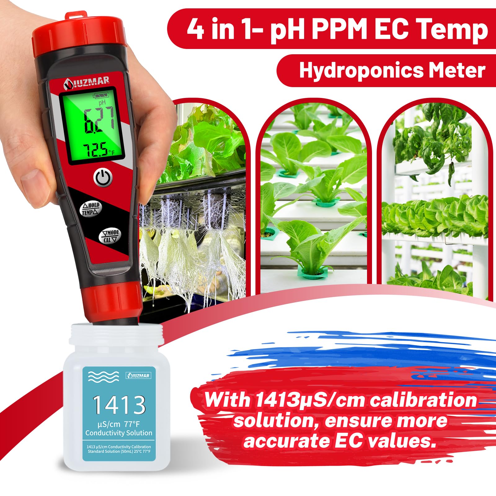 UIUZMAR pH Meter for Water Hydroponics Supplies - pH Up and Down Tester Digital PPM Meter EC Meter Combo for Home Growers – Accurate pH Tester TDS EC Reader for Hydroponics