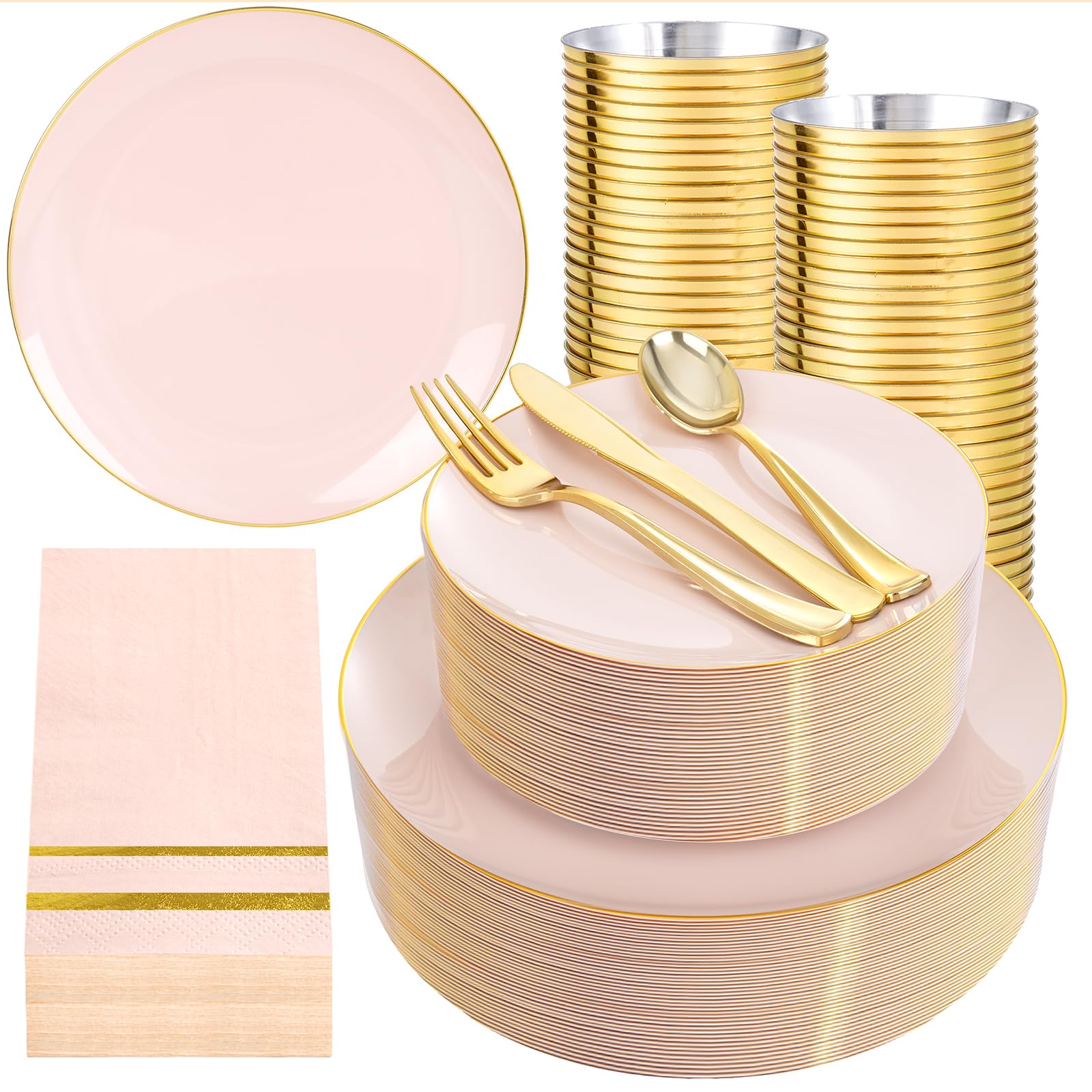 NOCCUR 350PCS Pink Plates Disposable - Pink Gold Plastic Dinnerware Set for 50 Guests Include 100 Dinner/Dessert Plates,150 Cutlery,50 Cups&50 Napkins - Ideal for Party/Wedding/Mother's Day