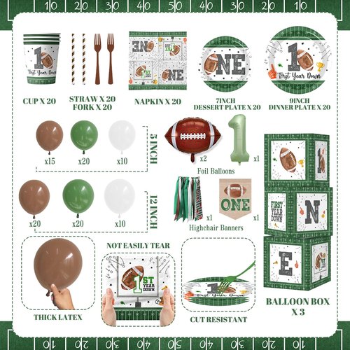 First Year Down Birthday Party Decorations, All-in-1 Football First Birthday Decorations with Balloon Arch Kit Photo Banner Highchair Banner One Boxes Plates Napkins Cake Toppers Tablecloths Backdrop