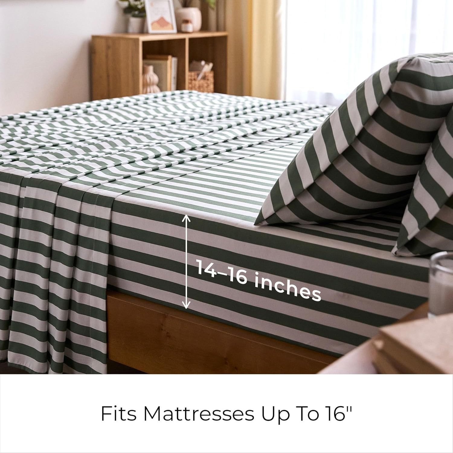 Mellanni Queen Sheets Set - 4 PC Hotel Luxury Bedding | Extra Soft, Cooling, Wrinkle-Resistant (Oxford Stripe Sage)