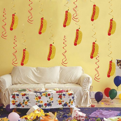 Hotdog Sign Hanging Swirl Decorations - Glitter 16 Pcs Fiesta Birthday Party Supplies - Girls Boys Birthday Party - Engagement - Wedding Streamers - Hot Dog Party Foil Swirls Ceiling Decorations