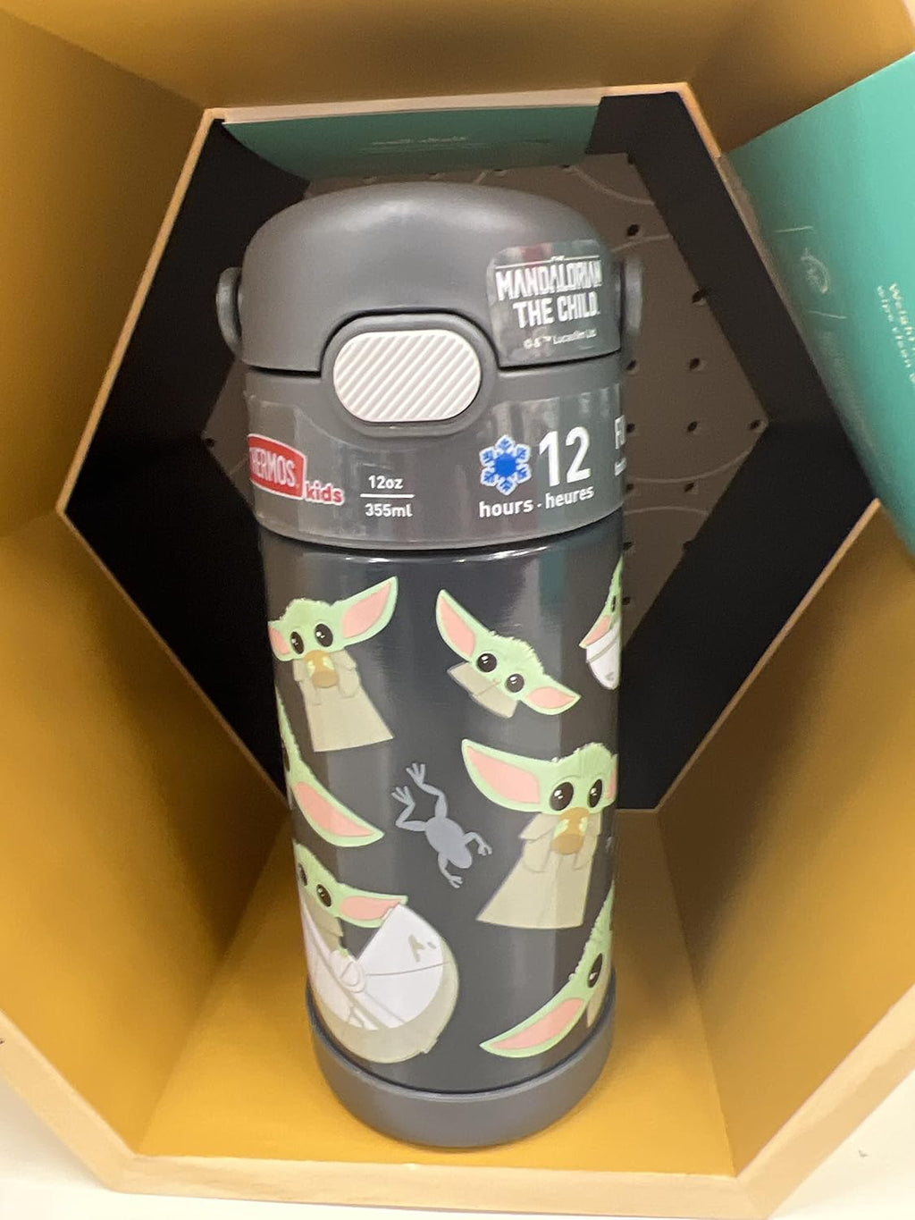 THERMOS FUNTAINER Water Bottle - 12 Ounce Kids Stainless Steel Vacuum Insulated with Straw | Mandalorian Design