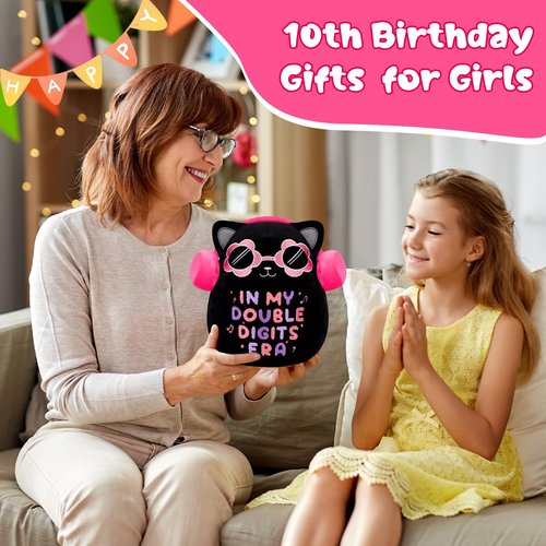 LSYDCARM 10 Year Old Girl Gifts, in My Double Digits Era Black Cat Plush for 10th Birthday, Black Cat Stuffed Animal Birthday Gifts for 10 Year Old Girl