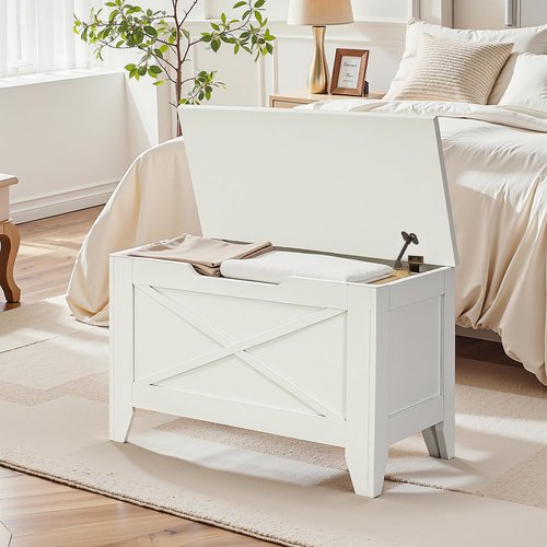 VECELO 30" Storage Bench, Shoe Bench with Handwoven Wicker Cushion, Ottoman Storage Trunk with Safety Hinges, Ideal for Entryway, Bedroom, Living Room, White
