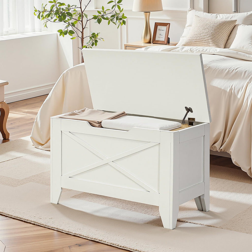 VECELO 30" Storage Bench, Entryway Shoe Ottoman, Farmhouse Style Bench with Handwoven Cushion and Metal Safety Hinges, for Bedroom, Living Room, Entryway, White
