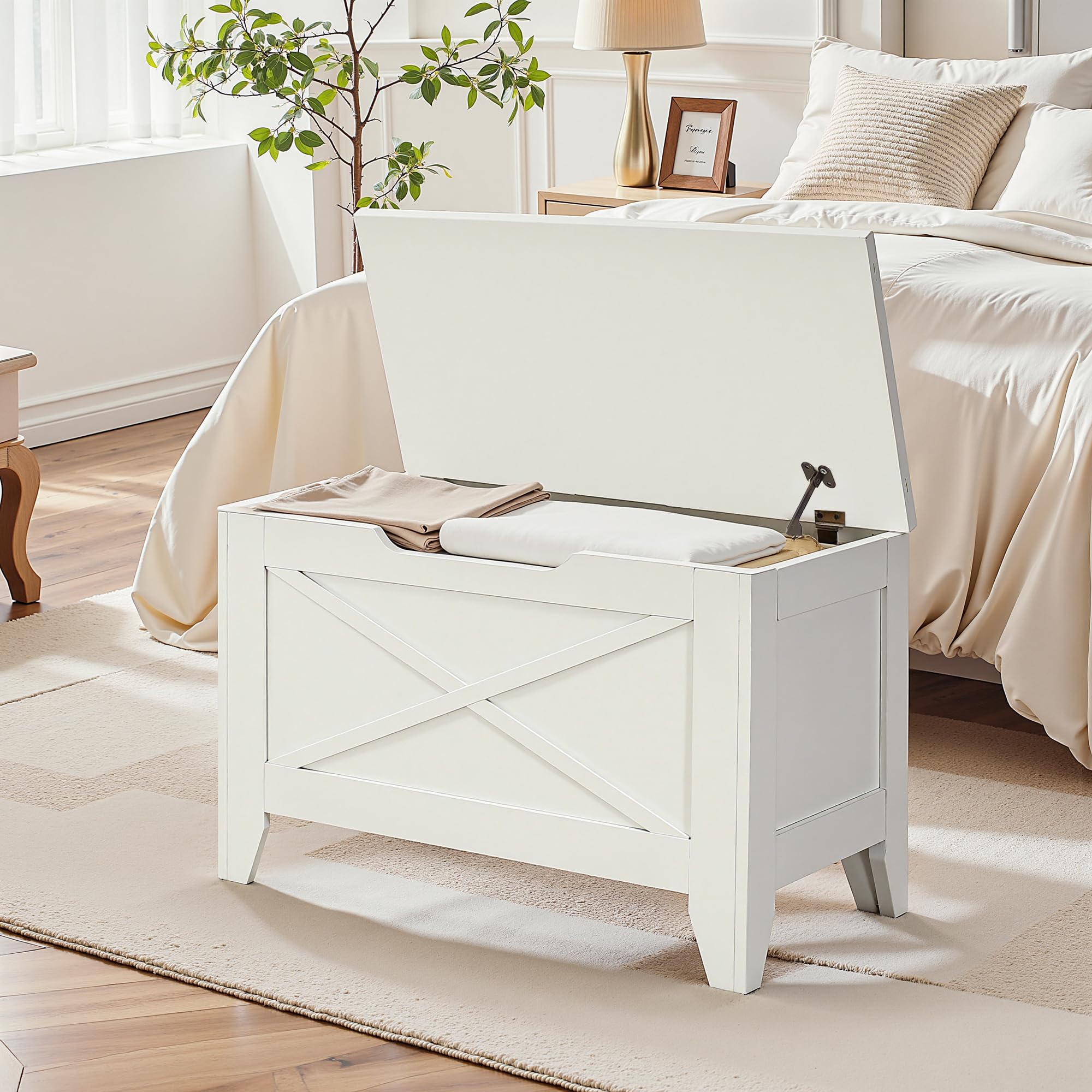 VECELO 30" Storage Bench, Entryway Shoe Ottoman, Farmhouse Style Bench with Handwoven Cushion and Metal Safety Hinges, for Bedroom, Living Room, Entryway, White