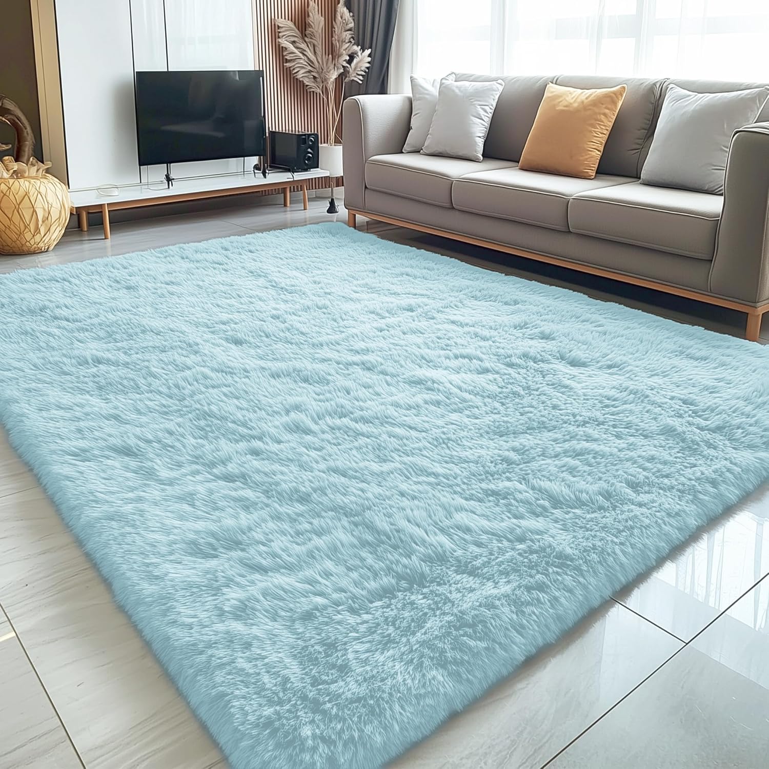 OLANLY Large Area Rug - Soft Fluffy Shaggy Carpet for Living Room & Bedroom | 5x8 Light Blue Indoor Decor
