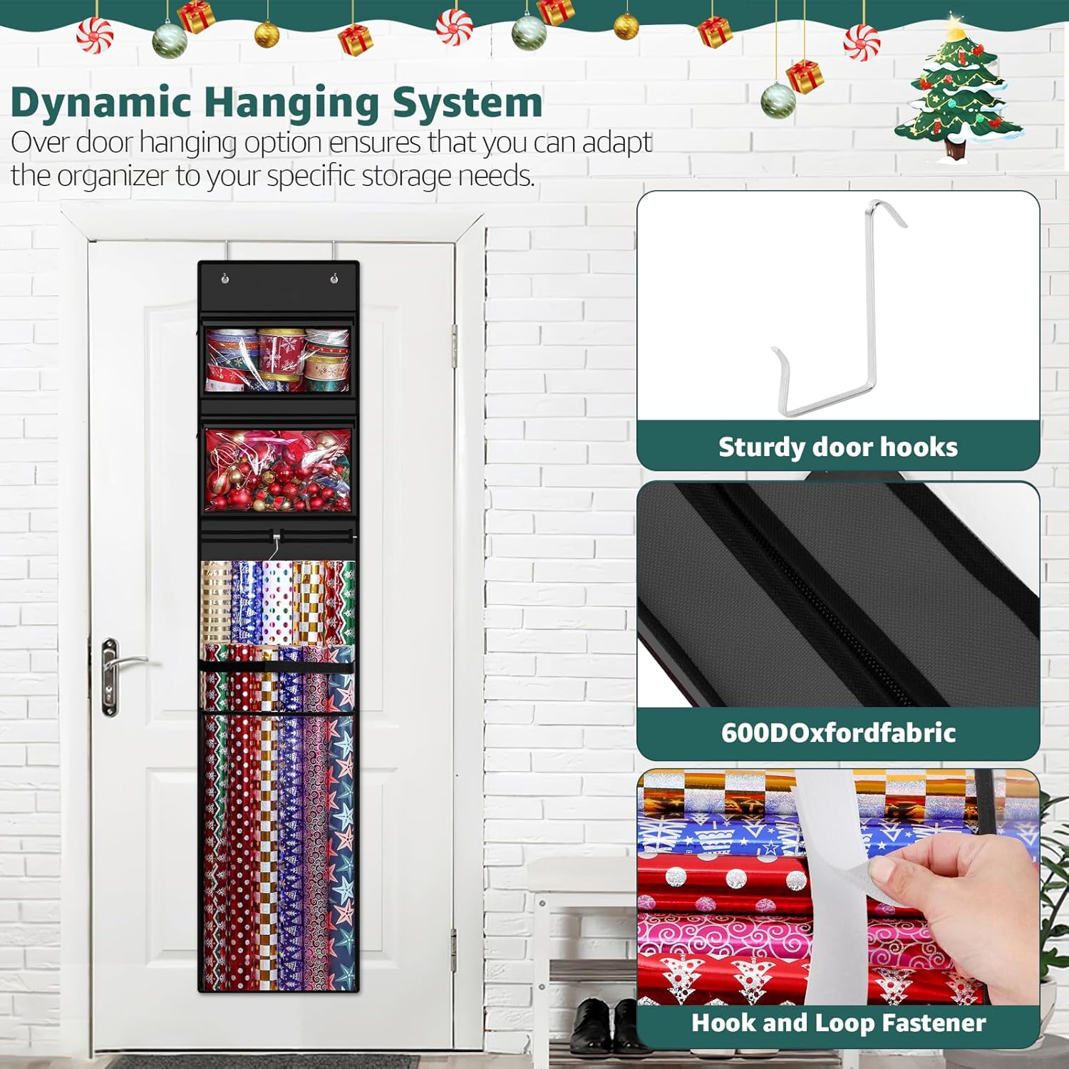 Woodoulogy Wrapping Paper Organizer - Double-Sided Gift Wrap Roll Holder | 63"x13" Over Door Storage, Black