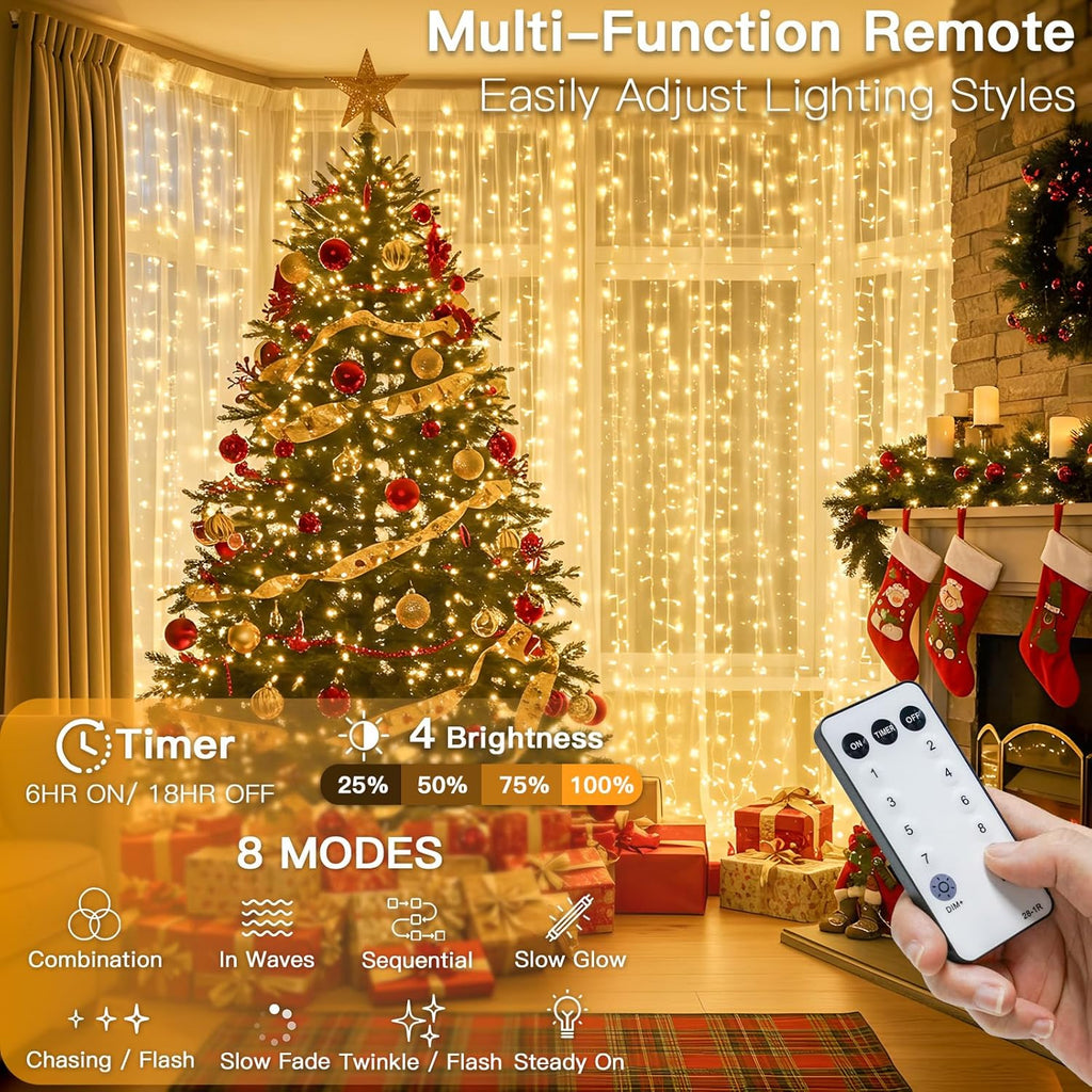 Suddus 600 LED Christmas Curtain Lights - 9.8x19.6ft Outdoor Wall Hanging Lights with Remote | Warm White Decor for Weddings, Parties, and Holidays