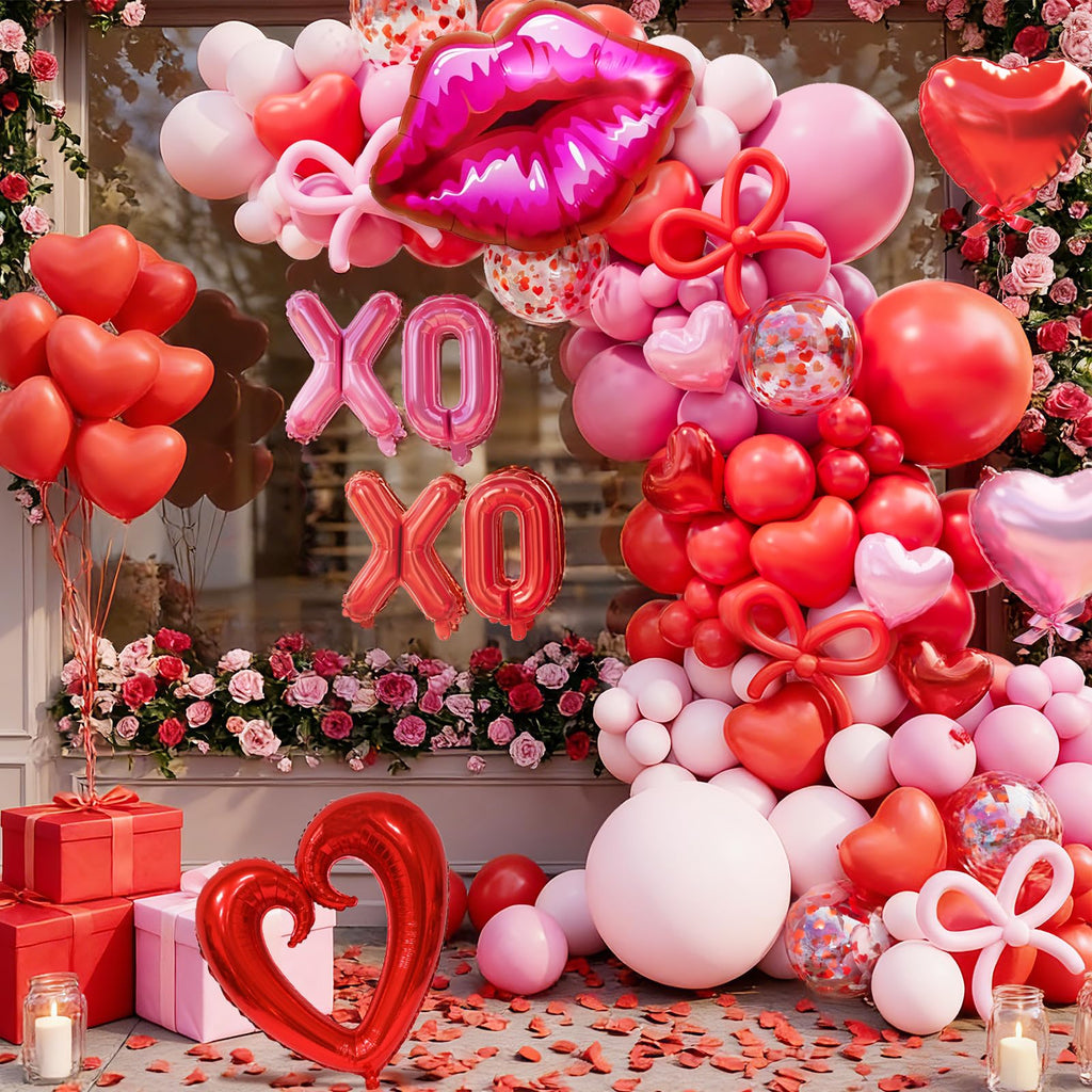 Pink and Red Balloon Garland Arch Kit, Coquette Birthday Decorations with 570pcs Red Pink Heart Confetti Balloons, Heart Lip XOXO Star Foil Balloons, Rose Petals for Wedding Romantic Decorations