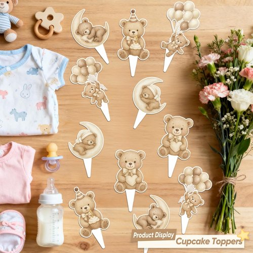 JoviyoFy 36 Pcs Bear Cupcake Toppers, Brown Bear Baby Shower Decorations, We Can Bearly Wait Cake Topper for Gender Reveal Party Supplies