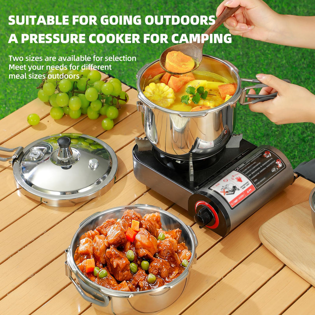 Portable Camping Pressure Cooker, 1.8 Qt Capacity, 304 Stainless Steel, Foldable Handle, Silver (1.8QT)