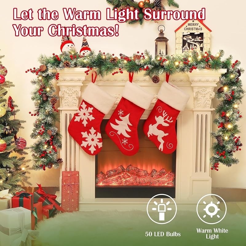 Lewondr 9ft Prelit Christmas Garland with Cedar, Pine Cones & 50 LEDs - Cedar Green (Variation of Cedar Green)