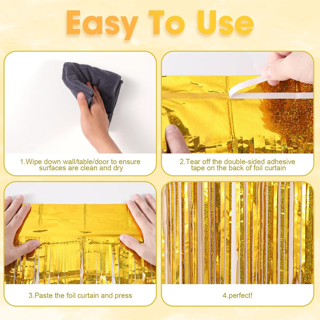 Voircoloria Laser Gold Foil Fringe Backdrop Curtains - 3 Pack Tinsel Streamers for Parties | 3.3 x 8.2 ft