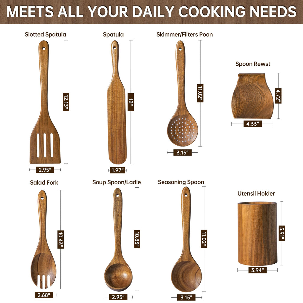 FYCTIO Wooden Utensil Set 8 PCS - Natural Non-Toxic Acacia Wooden Spoons for Cooking, Nonstick, Sturdy,Easy to Clean, Wood Kitchen Utensils Set with Holder, Spoon Rest, Ideal for Gifting