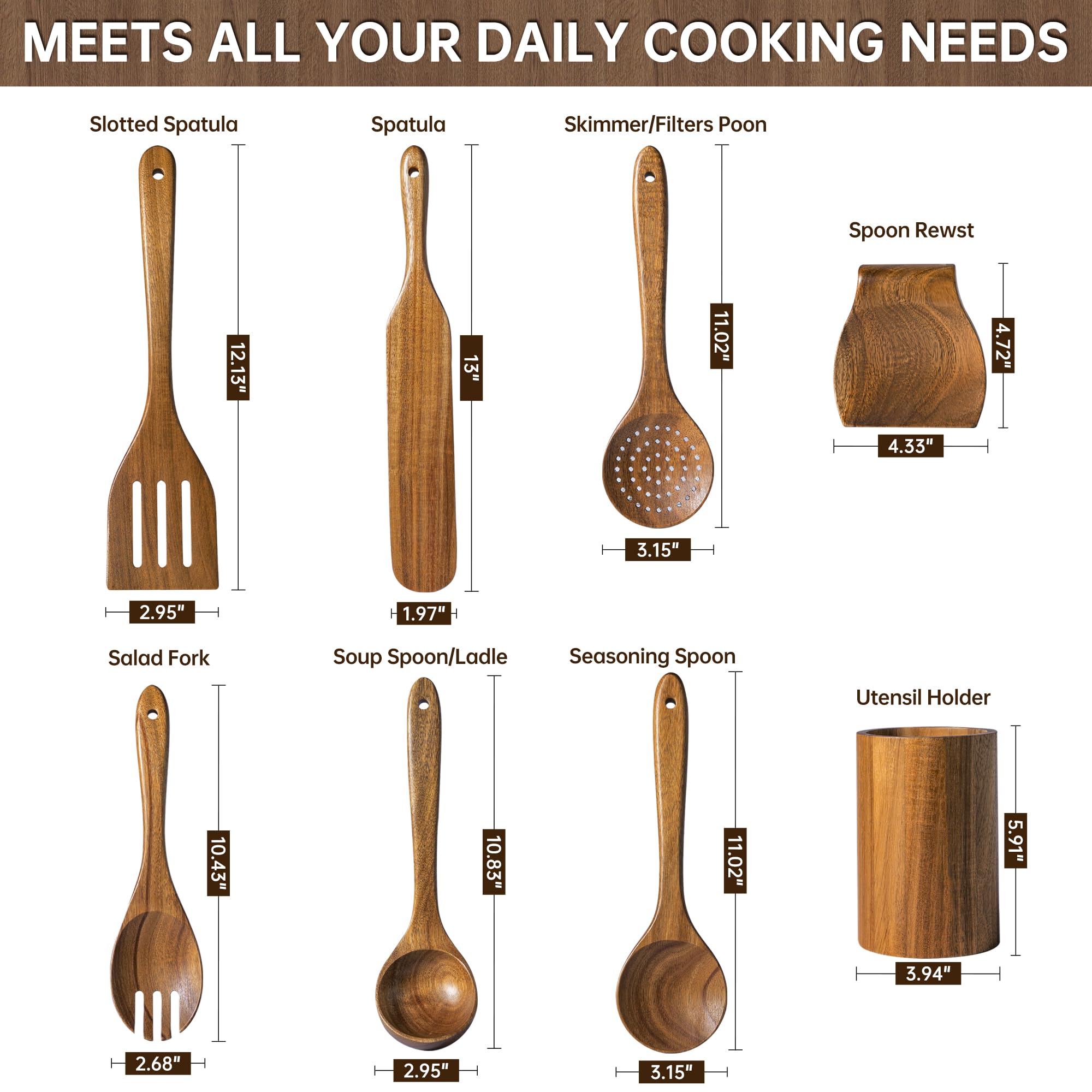 FYCTIO Wooden Utensil Set 8 PCS - Natural Non-Toxic Acacia Wooden Spoons for Cooking, Nonstick, Sturdy,Easy to Clean, Wood Kitchen Utensils Set with Holder, Spoon Rest, Ideal for Gifting