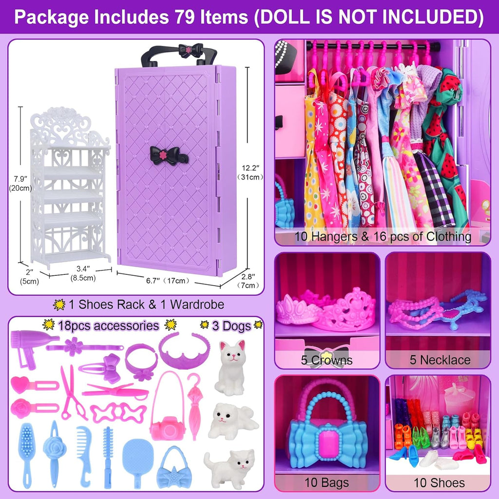 Regine Switzerland Girl Doll Clothes Closet - Stylish Wardrobe with Dresses & Accessories for 11.5 Inch Dolls