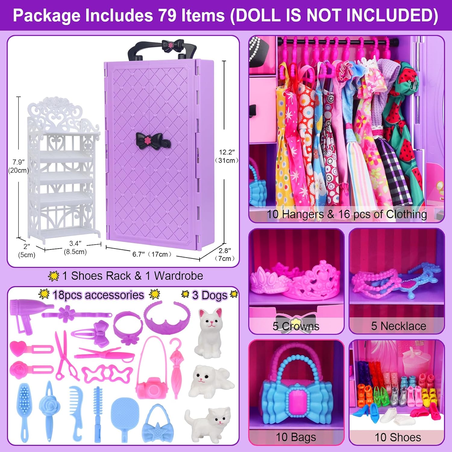 Regine Switzerland Girl Doll Clothes Closet - Stylish Wardrobe with Dresses & Accessories for 11.5 Inch Dolls