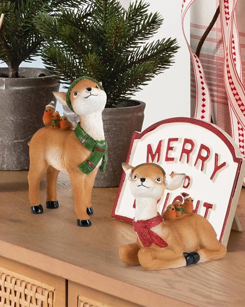 iStatue Buck and Doe Deer Set - 5.5'' Tall Hand-Painted Resin Reindeer Figures for Christmas Home Decor