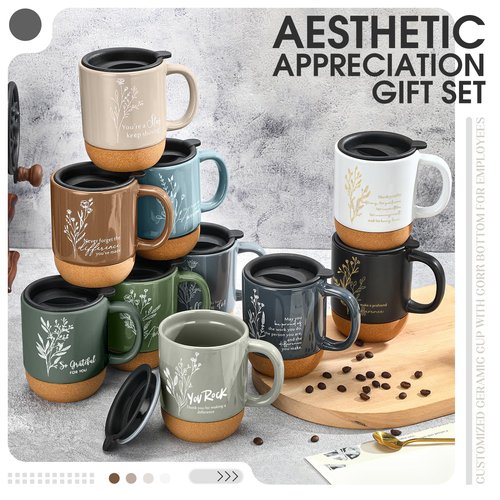 Jingmore 10 Pcs Employee Appreciation Gift Bulk Non-slip Cork Bottom Coffee Mug 13.5 oz Ceramic Tumbler Inspirational Mug Thank You Gifts for Social Worker Teacher Volunteer Nurse Staff(Appreciation)