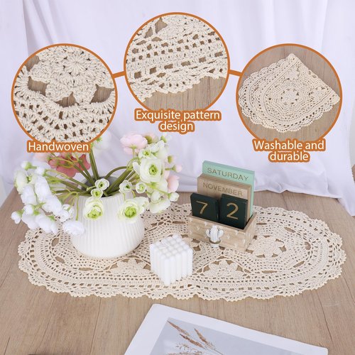 Oval Lace Table Runner Cotton Crochet Lace Table Runner Doilies Floral Tables Scarf Furniture Cloth Cover Handmade Tables Dresser Scarf Décor Crochet Placemats (Beige Oval, 12x24 Inch)