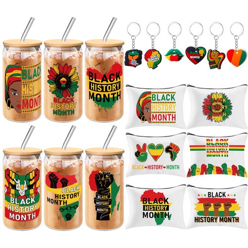 Funnymoom 18 Pcs Black History Month Gifts for Women Men 16 oz Black History Month Glasses Cups with Bamboo Lids and Straws African Flag Makeup Bags Juneteenth Rubber Keychain for Holiday Present