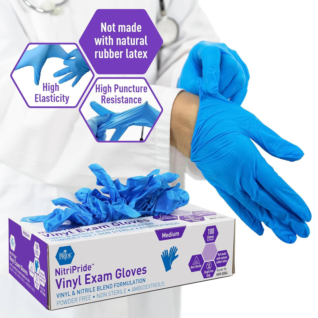 Med Pride Nitrile/Vinyl Blend Exam Gloves - Powder-Free & Latex-Free, Medium Blue (Box of 100)