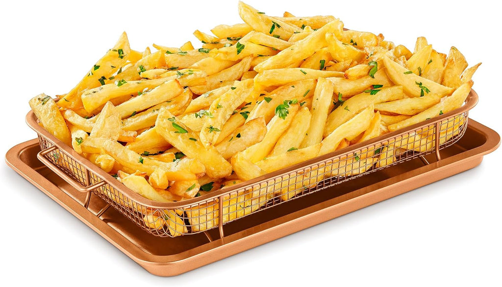 Bakken Swiss 2-In-1 Air Fryer Tray - Nonstick Copper Crisper Basket, Extra-Large 9.5"x13", Dishwasher Safe