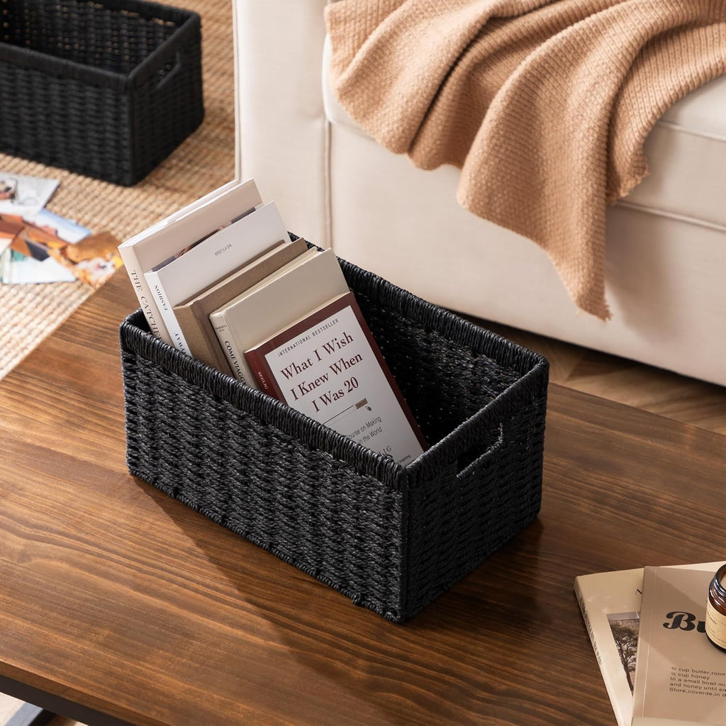 UBBCARE Wicker Storage Baskets - Foldable Rectangular Design with Handle | 2 Pack, Black, 13.4L x 8.3H x 7.1W Inches