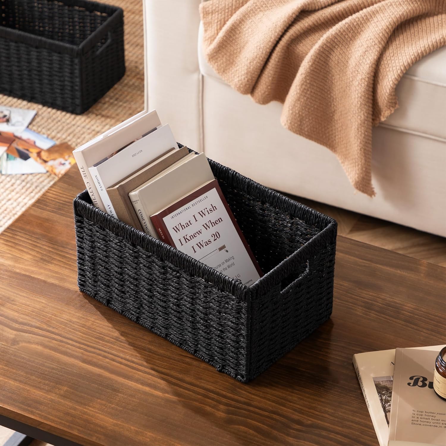 UBBCARE Wicker Storage Baskets - Foldable Rectangular Design with Handle | 2 Pack, Black, 13.4L x 8.3H x 7.1W Inches