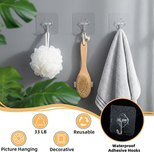 Adhesive Wall Hooks - 50 Pack Heavy Duty Stainless Steel Self-Sticky Hooks | Waterproof & Rustproof for Bathroom, Kitchen, Office