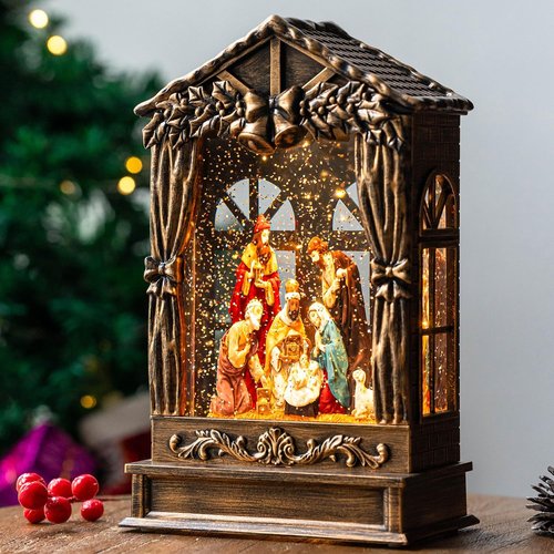 Christmas Snow Globe | Lighted Manger Nativity Scene with Musical Silent Night | Holiday Decor Gift