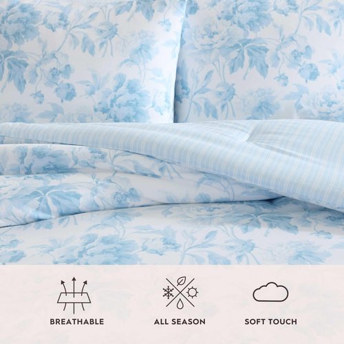 Laura Ashley - Twin XL Comforter Set, Bedding Set Includes Matching Bed Sheets, Sham & Pillowcase, Medium Weight, Oeko-TEX Certified (Anja Blue)