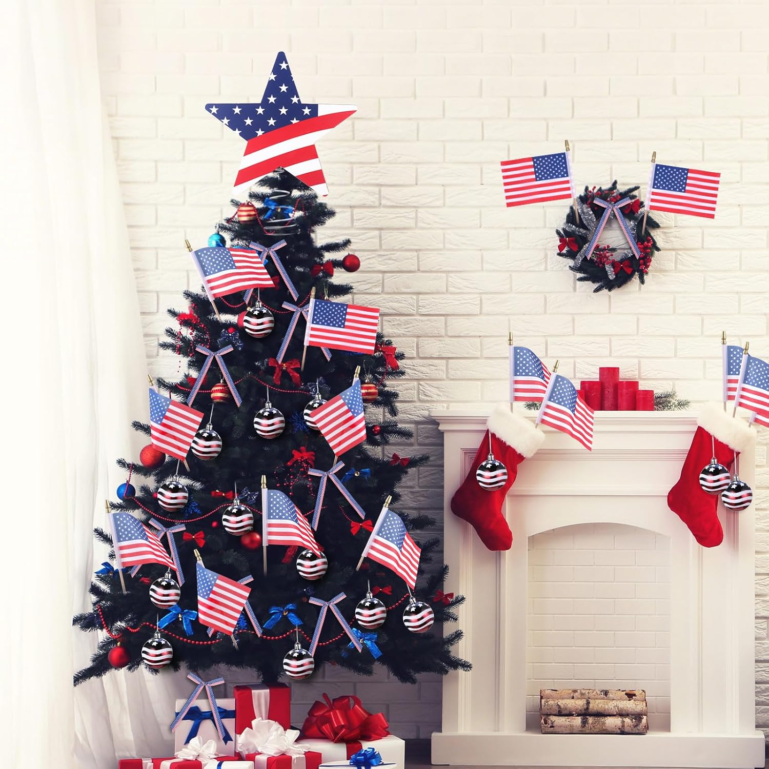 Seematn 73 Pcs Patriotic Tree Ornaments - 4th of July Decorations with Flag, Star Topper & Bows